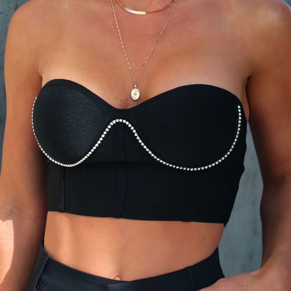 STRIKE A POSE RHINESTONE EMBELLISHED STRAPLESS CROP TOP - Picture 1 of 4